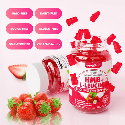 SoftBear HMB & Leucine Gummies – 3000mg HMB + Leucine for Muscle Growth & Recovery, Vegan, Gluten-Free, Non-GMO, Strawberry, 60 Count