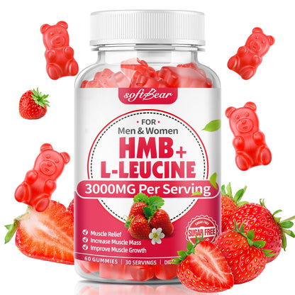 SoftBear HMB & Leucine Gummies – 3000mg HMB + Leucine for Muscle Growth & Recovery, Vegan, Gluten-Free, Non-GMO, Strawberry, 60 Count
