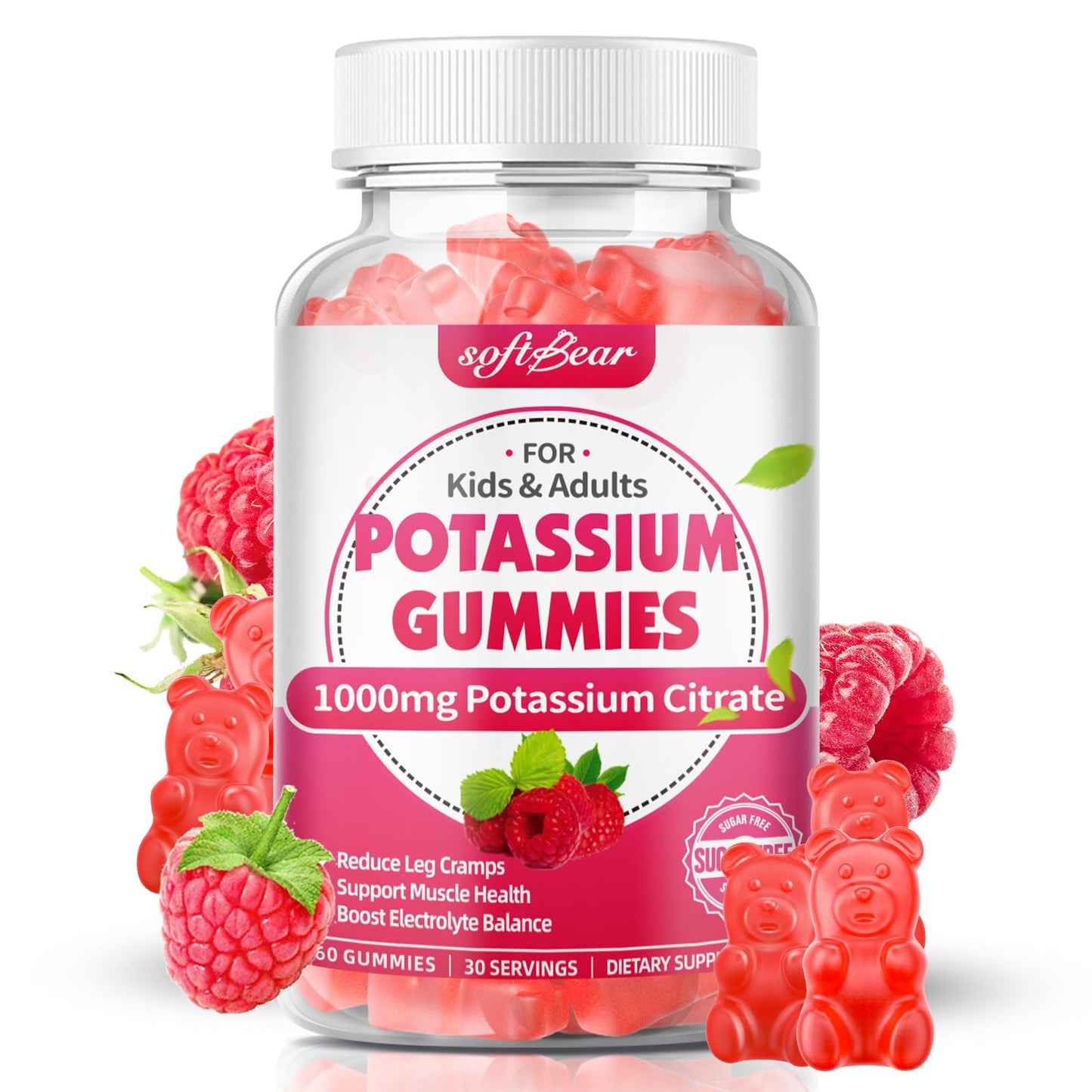softbear Potassium Citrate 1000mg Gummies – Suagr Free Potassium Gummies for Muscle Support & Electrolyte Balance – Potassium Supplement for Women & Adults, Vegan, Raspberry Flavor (60 Count)