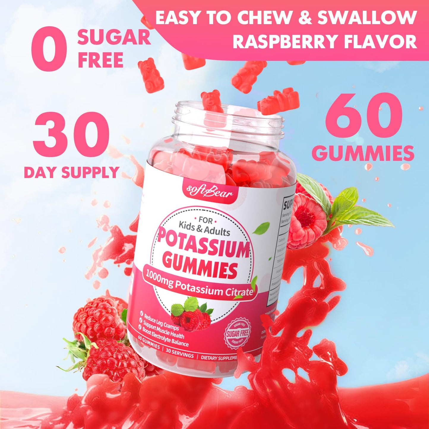 softbear Potassium Citrate 1000mg Gummies – Suagr Free Potassium Gummies for Muscle Support & Electrolyte Balance – Potassium Supplement for Women & Adults, Vegan, Raspberry Flavor (60 Count)