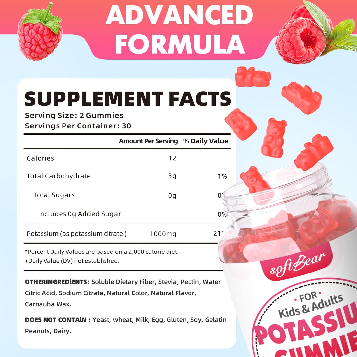 softbear Potassium Citrate 1000mg Gummies – Suagr Free Potassium Gummies for Muscle Support & Electrolyte Balance – Potassium Supplement for Women & Adults, Vegan, Raspberry Flavor (60 Count)