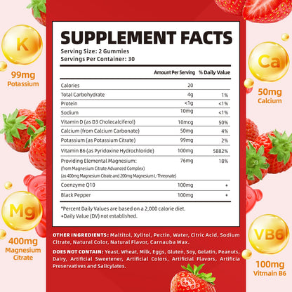 softbear Potassium Gummies for Adults – High-Absorption Magnesium & Potassium, Vitamin D3 & B6, Sugar-Free Strawberry 120 Gummies