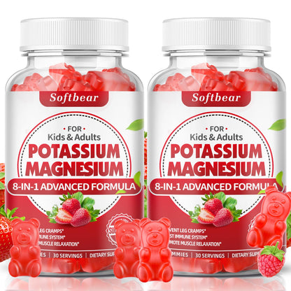 softbear Potassium Gummies for Adults – High-Absorption Magnesium & Potassium, Vitamin D3 & B6, Sugar-Free Strawberry 120 Gummies