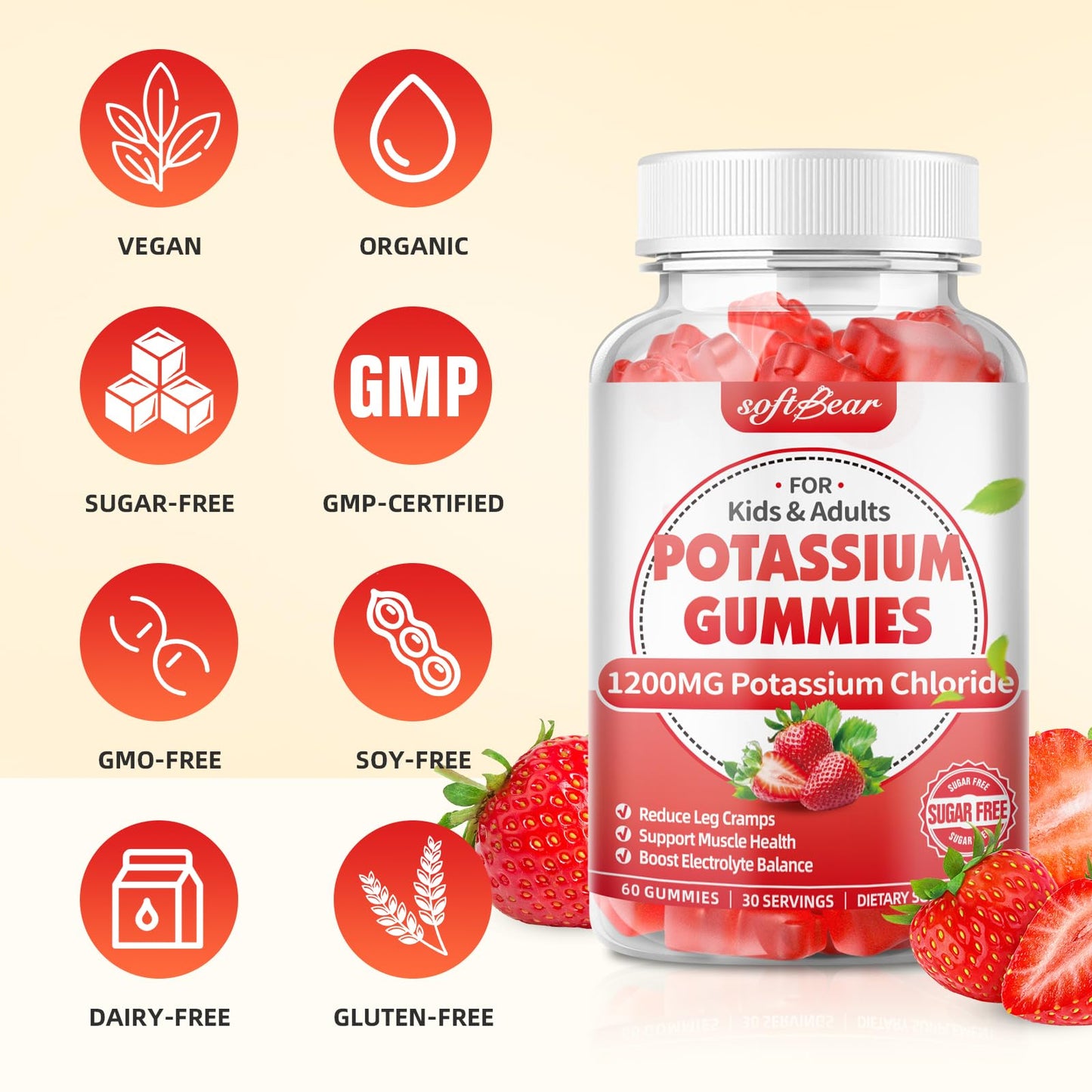 softbear Potassium Gummies 1200mg - Sugar Free Strawberry 60 Count | Supports Leg Cramps & Electrolyte Balance