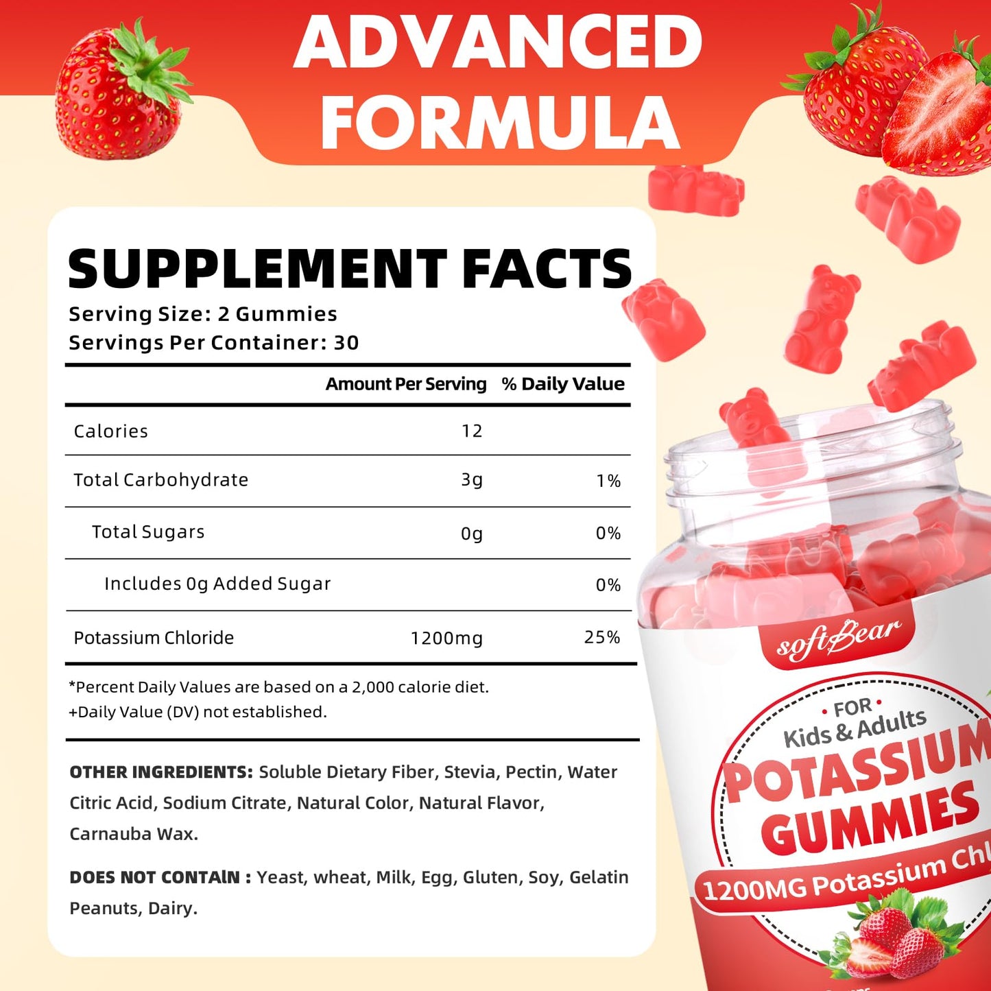 softbear Potassium Gummies 1200mg - Sugar Free Strawberry 60 Count | Supports Leg Cramps & Electrolyte Balance