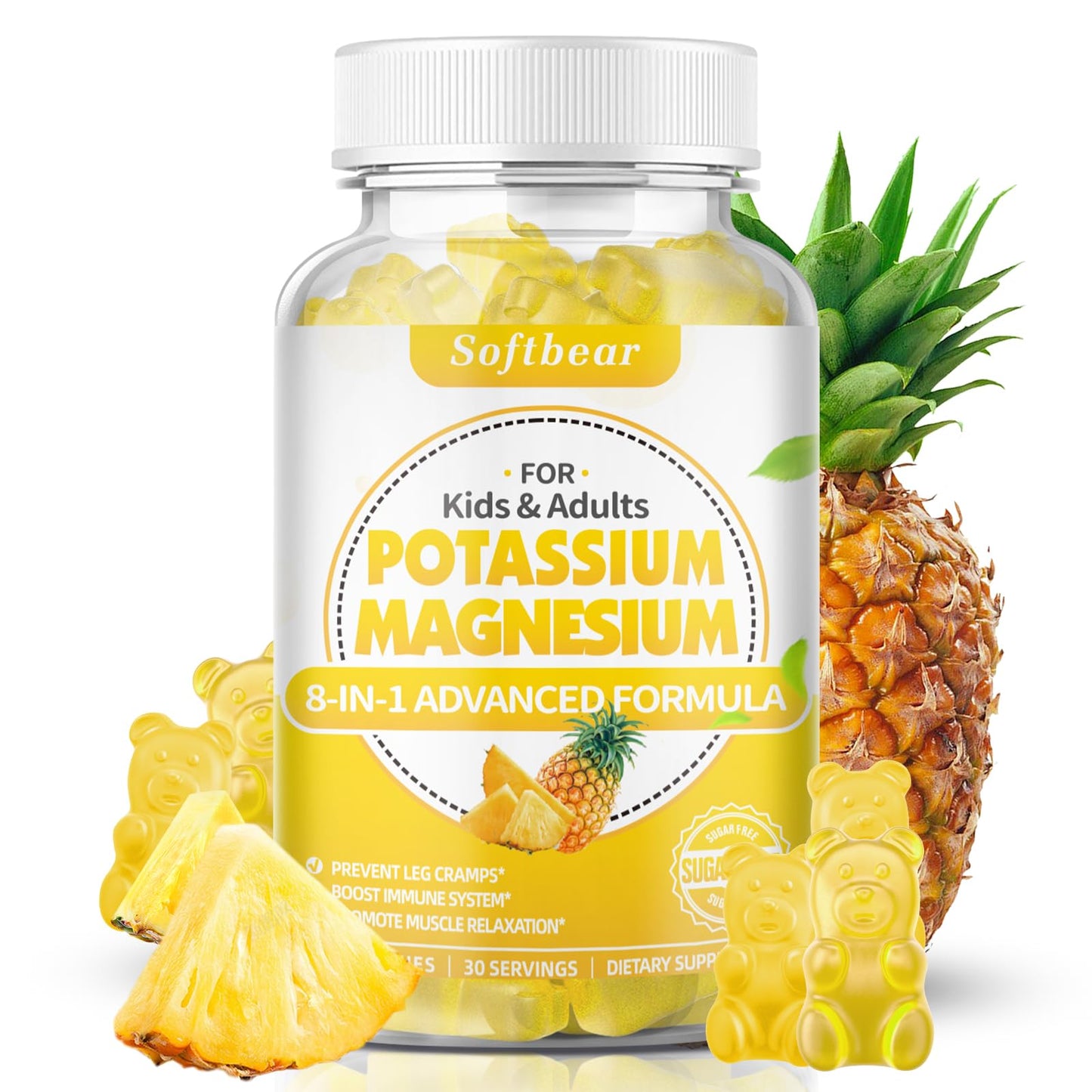 Softbear Potassium Gummies for Adults | Sugar-Free Potassium Magnesium with Vitamin B6 CoQ10 (Pineapple, 60 Gummies)