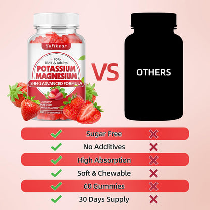 softbear Potassium Gummies for Adults – High-Absorption Magnesium & Potassium, Vitamin D3 & B6, Sugar-Free Strawberry 120 Gummies