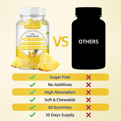 Softbear Potassium Gummies for Adults | Sugar-Free Potassium Magnesium with Vitamin B6 CoQ10 (Pineapple, 60 Gummies)