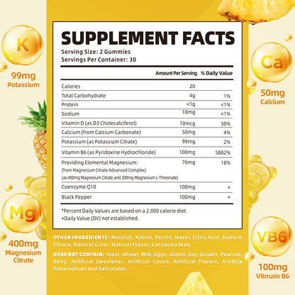 Softbear Potassium Gummies for Adults | Sugar-Free Potassium Magnesium with Vitamin B6 CoQ10 (Pineapple, 60 Gummies)