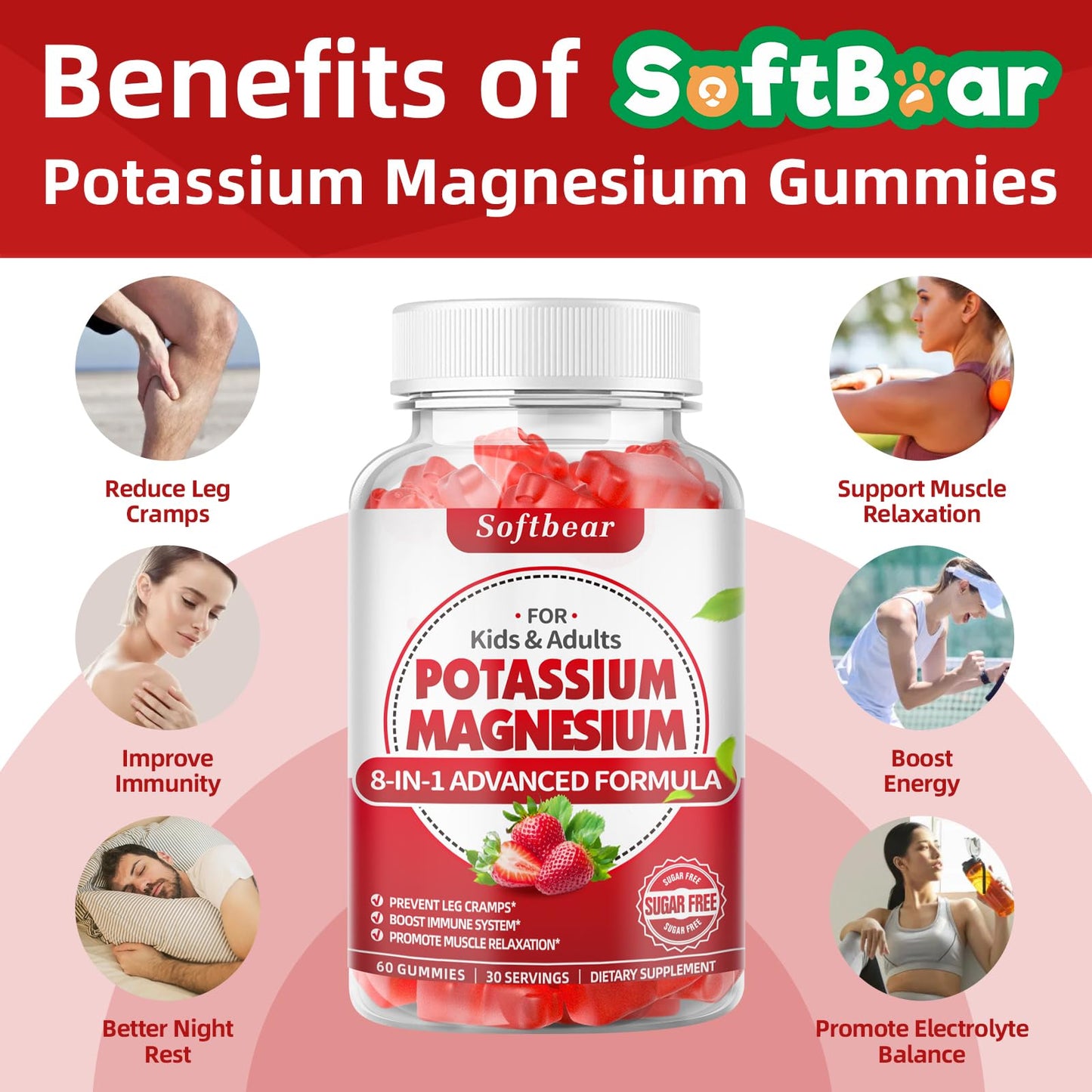 softbear Potassium Gummies for Adults – High-Absorption Magnesium & Potassium, Vitamin D3 & B6, Sugar-Free Strawberry 120 Gummies