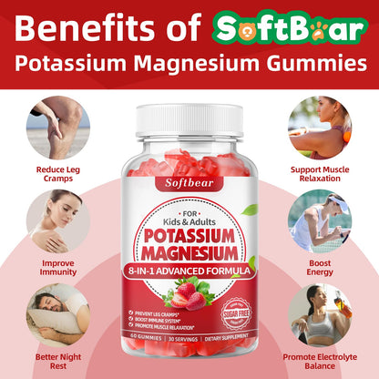softbear Potassium Gummies for Adults – High-Absorption Magnesium & Potassium, Vitamin D3 & B6, Sugar-Free Strawberry 120 Gummies