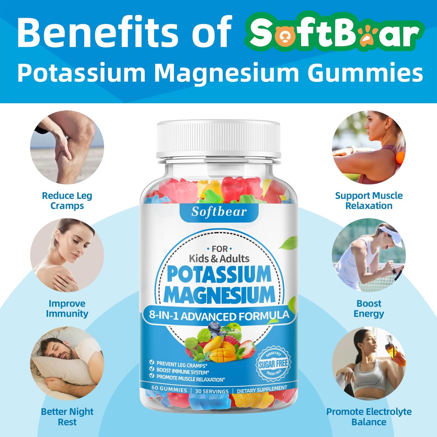 softbear Potassium Magnesium Gummies for Adults | Sugar-Free Vegan 60 Gummies