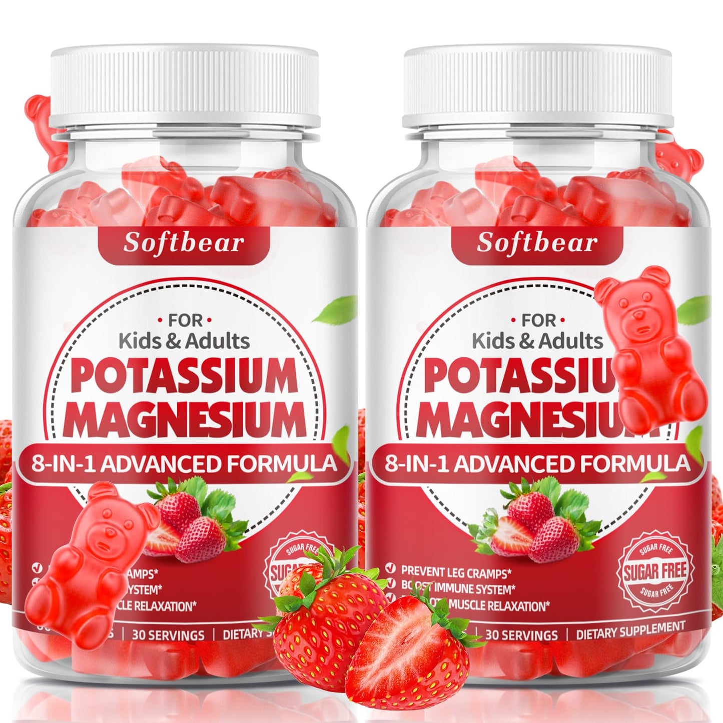 softbear Potassium Gummies for Adults – High-Absorption Magnesium & Potassium, Vitamin D3 & B6, Sugar-Free Strawberry 120 Gummies