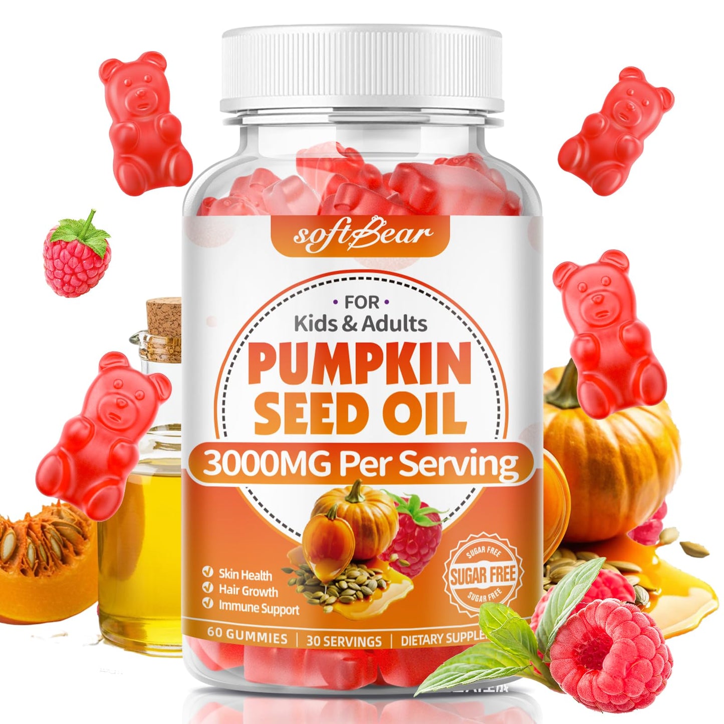 SoftBear Pumpkin Seed Oil Gummies 3000mg – Organic Pumpkin Seed Oil with Saw Palmetto for Hair Growth & Skin Health (60 Count) – Sugar-Free
