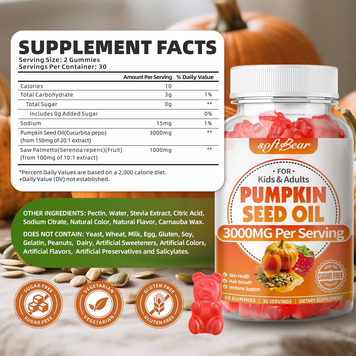 SoftBear Pumpkin Seed Oil Gummies 3000mg – Organic Pumpkin Seed Oil with Saw Palmetto for Hair Growth & Skin Health (60 Count) – Sugar-Free