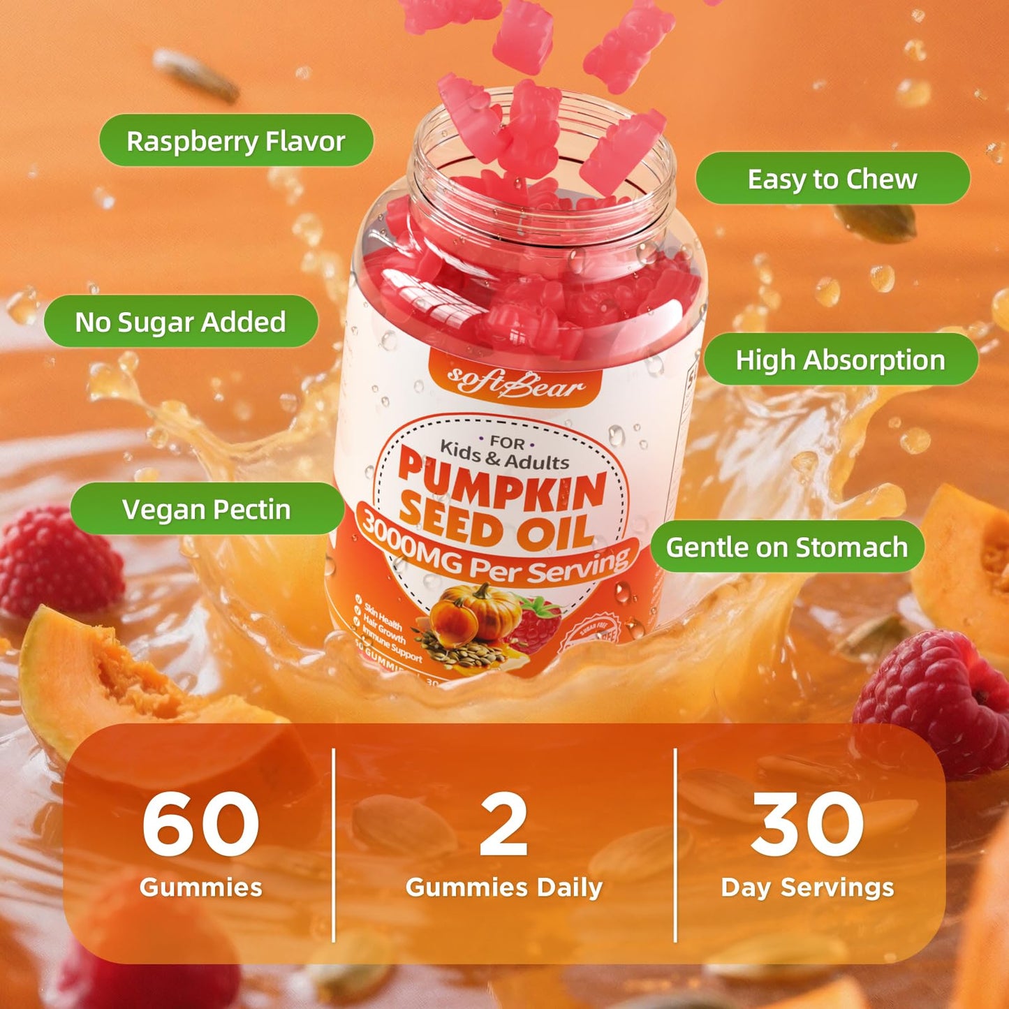 SoftBear Pumpkin Seed Oil Gummies 3000mg – Organic Pumpkin Seed Oil with Saw Palmetto for Hair Growth & Skin Health (60 Count) – Sugar-Free
