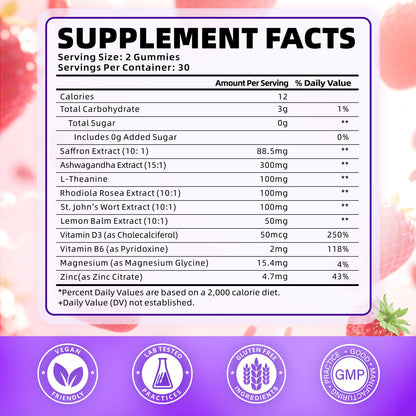 Softbear Saffron Gummies for Kids & Adults – 10-in-1 Organic Saffron, 88.5mg, Sugar Free, Non-GMO, Strawberry, 60 Count