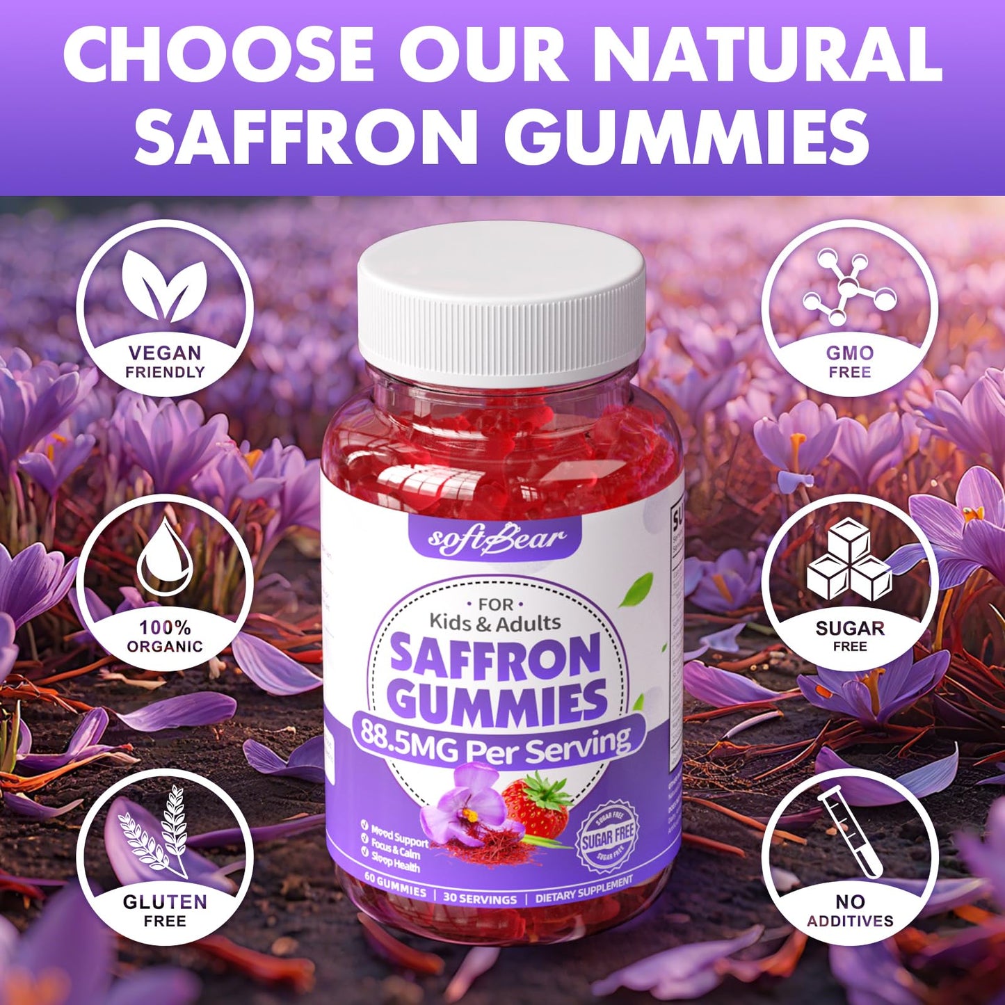 Softbear Saffron Gummies for Kids & Adults – 10-in-1 Organic Saffron, 88.5mg, Sugar Free, Non-GMO, Strawberry, 60 Count