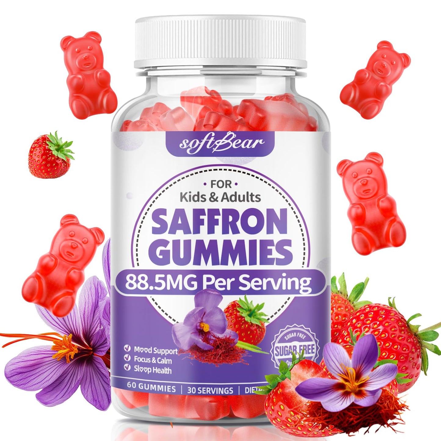 Softbear Saffron Gummies for Kids & Adults – 10-in-1 Organic Saffron, 88.5mg, Sugar Free, Non-GMO, Strawberry, 60 Count
