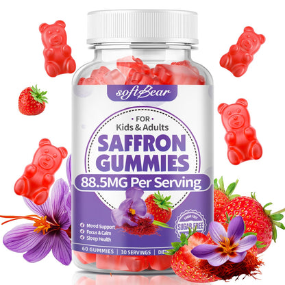 Softbear Saffron Gummies for Kids & Adults – 10-in-1 Organic Saffron, 88.5mg, Sugar Free, Non-GMO, Strawberry, 60 Count