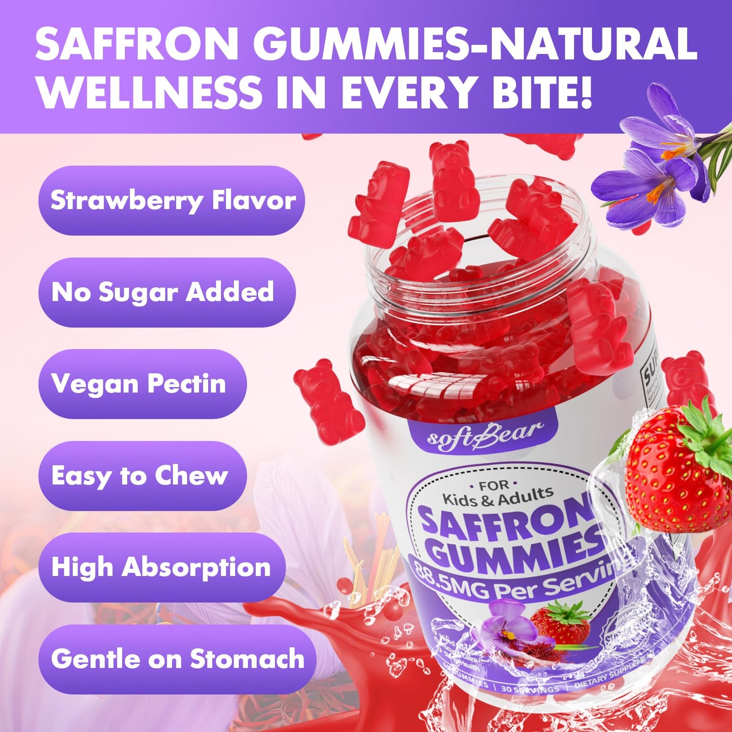 Softbear Saffron Gummies for Kids & Adults – 10-in-1 Organic Saffron, 88.5mg, Sugar Free, Non-GMO, Strawberry, 60 Count