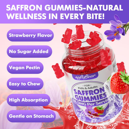 Softbear Saffron Gummies for Kids & Adults – 10-in-1 Organic Saffron, 88.5mg, Sugar Free, Non-GMO, Strawberry, 60 Count