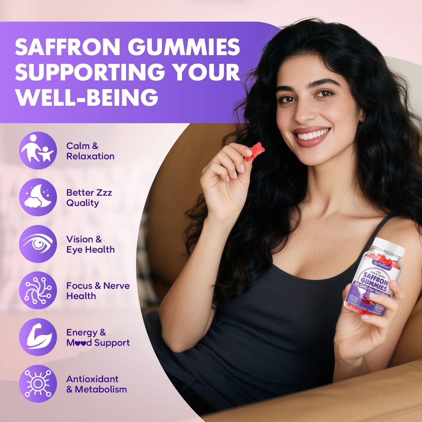Softbear Saffron Gummies for Kids & Adults – 10-in-1 Organic Saffron, 88.5mg, Sugar Free, Non-GMO, Strawberry, 60 Count