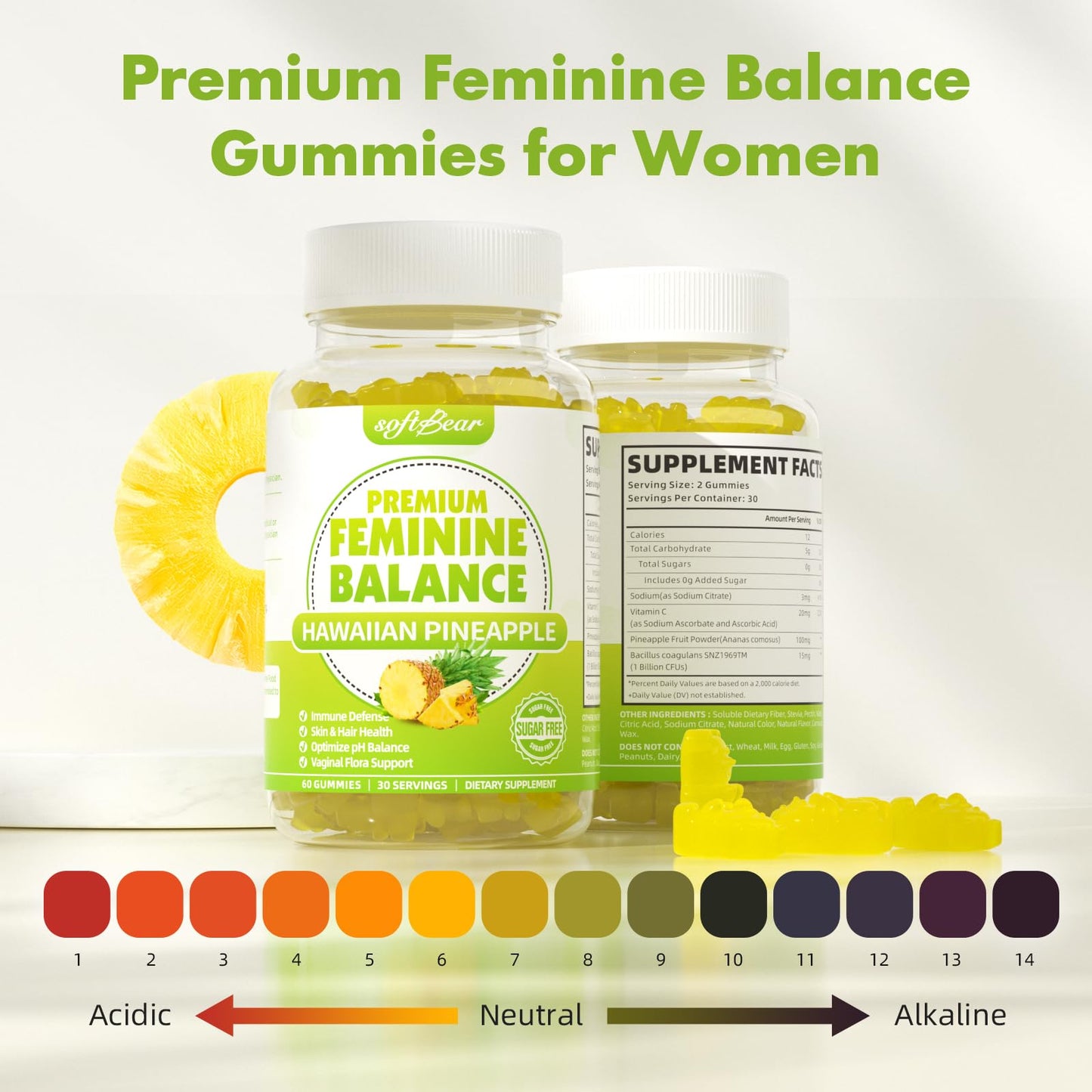 softbear Premium Feminine Balance Gummies for Women | Pineapple pH Balance | Vegan & Gluten-Free | 60 Gummies