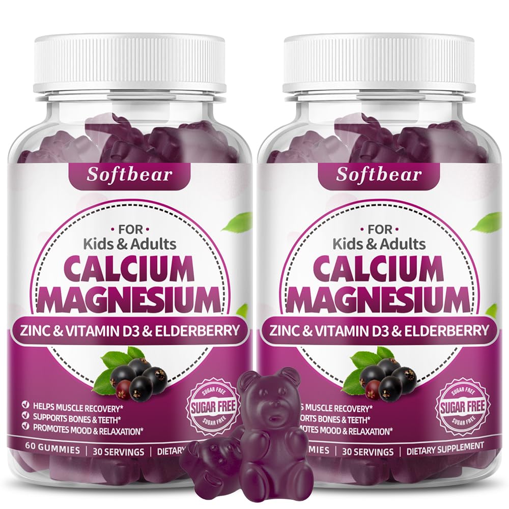 SoftBear Calcium Magnesium Zinc Gummies – Sugar-Free Elderberry Flavor, 120 Count | Bone Health & Immune Support