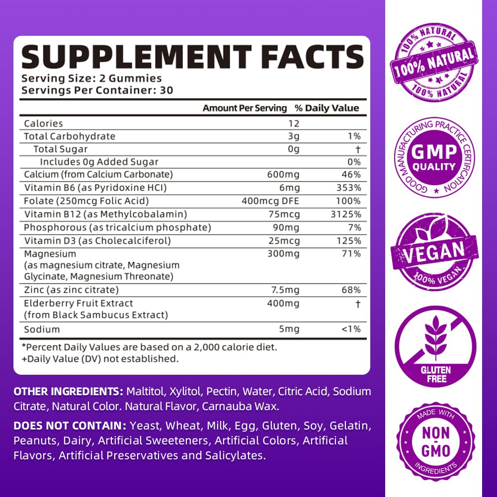 SoftBear Calcium Magnesium Zinc Gummies – Sugar-Free Elderberry Flavor, 120 Count | Bone Health & Immune Support