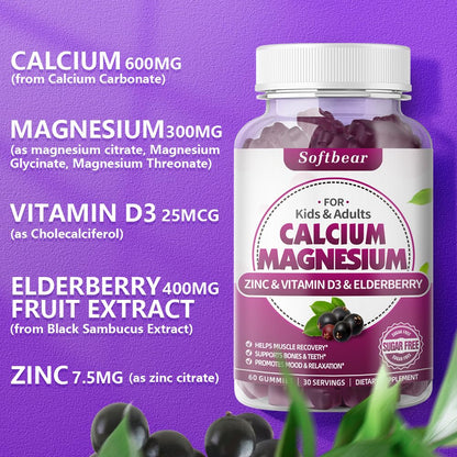 SoftBear Calcium Magnesium Zinc Gummies – Sugar-Free Elderberry Flavor, 120 Count | Bone Health & Immune Support
