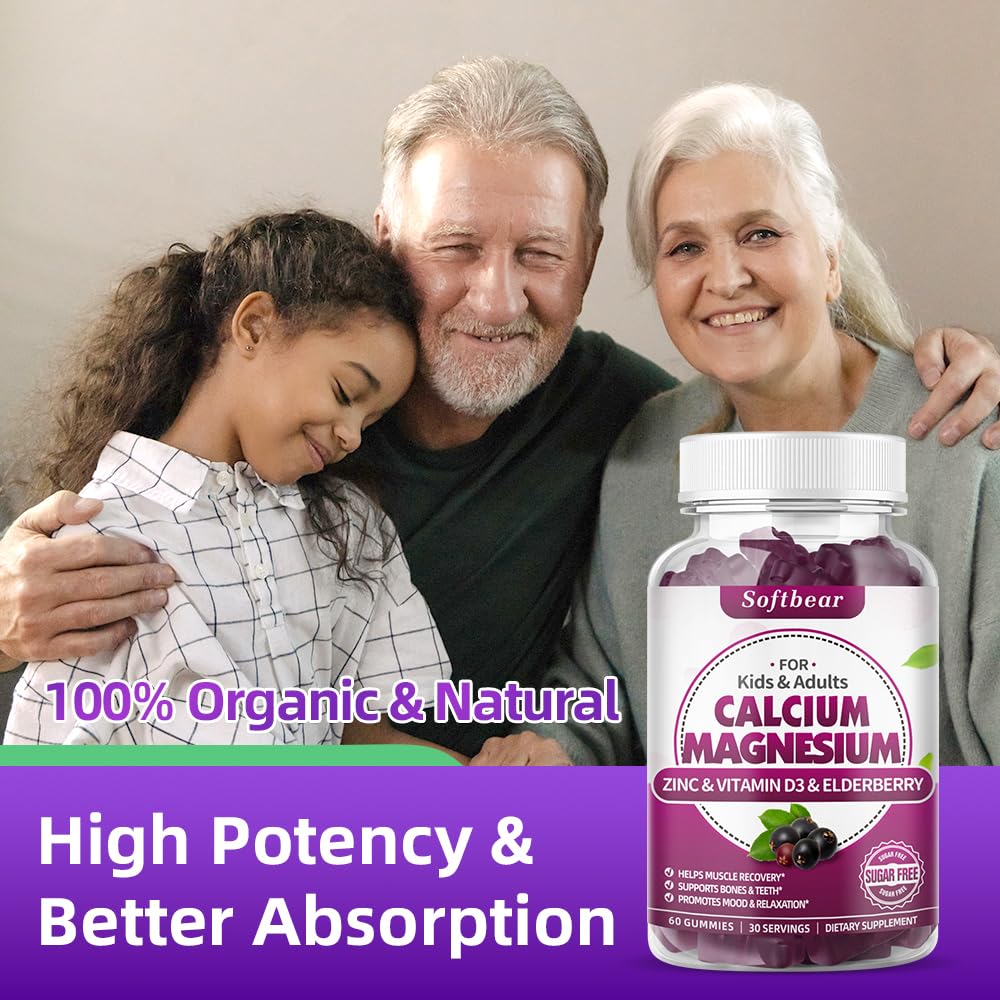 SoftBear Calcium Magnesium Zinc Gummies – Sugar-Free Elderberry Flavor, 120 Count | Bone Health & Immune Support