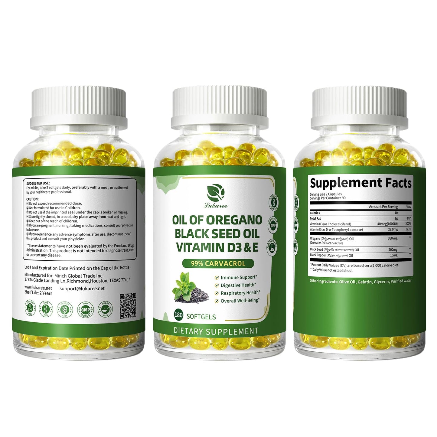 Organic Oregano Oil Capsules + Black Seed Oil | 99% Carvacrol, 180 Softgels