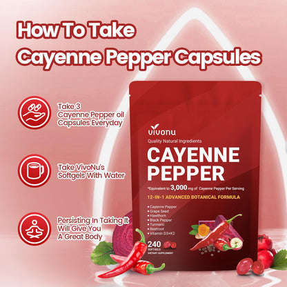 Cayenne Pepper Softgels Supplement, Supports Leg Vein, Heart and Blood Vessel Health, with Vitamin E D3+K2 and Extracts of Grape Seed, Hawthorn, Beetroot, Berberine and Others (240 Softgels / 1 Pack)