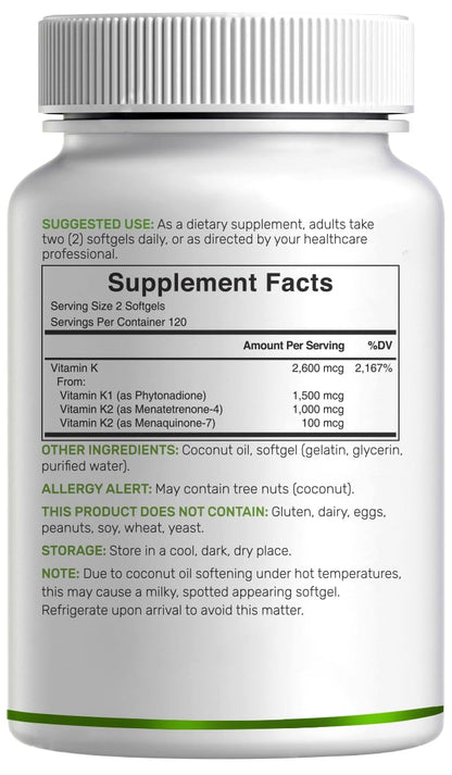 DEAL SUPPLEMENT Vitamin K Complete - 240 Coconut Oil Softgels | High Potency K1, MK-7, MK-4 | Non-GMO