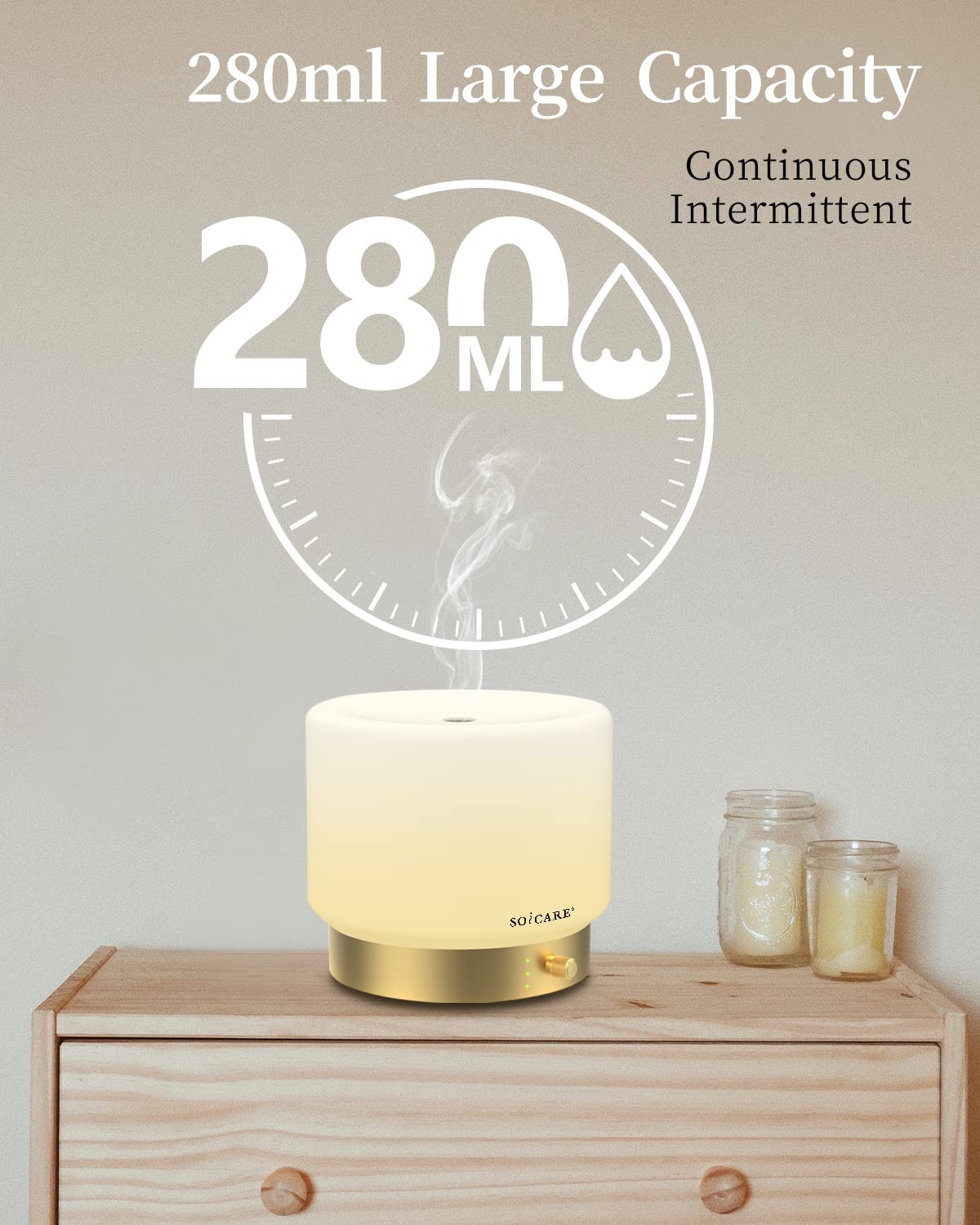 SOICARE Glass Diffuser with Gold Base – 280ML, Dimmable, Auto Shut-Off