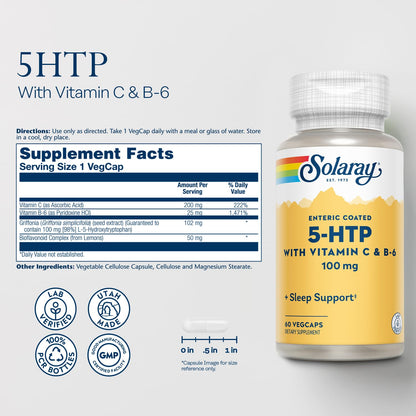 SOLARAY 5-HTP Sleep Supplement with Vitamin C & B-6 – Lab Verified, 60 Servings
