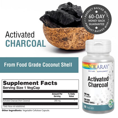 SOLARAY Activated Charcoal 280mg – Coconut Source | Non-GMO, Vegan | 90 Capsules