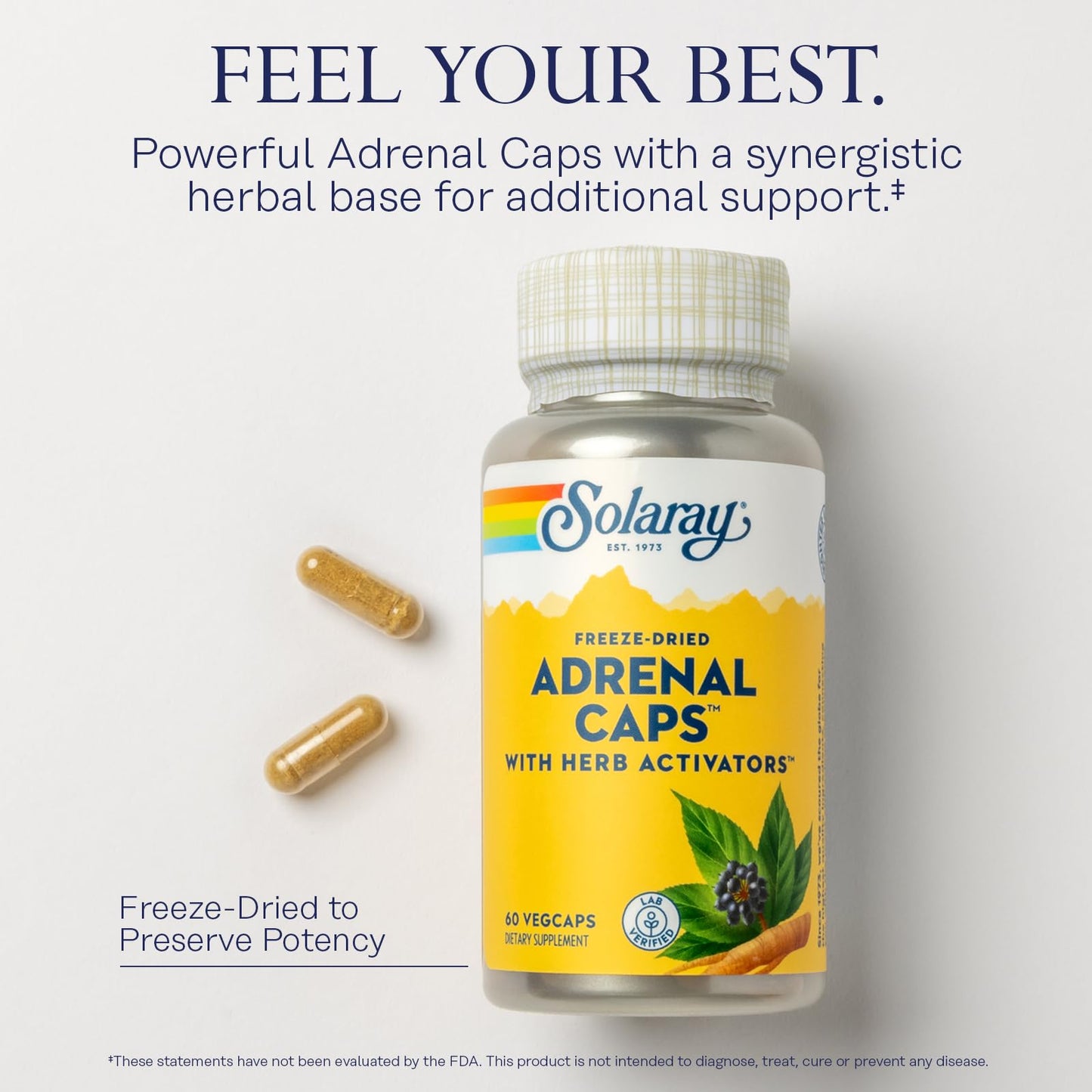 SOLARAY Adrenal Caps Freeze-Dried — Adrenal Support with Eleuthero, Gotu Kola, Licorice & Clove