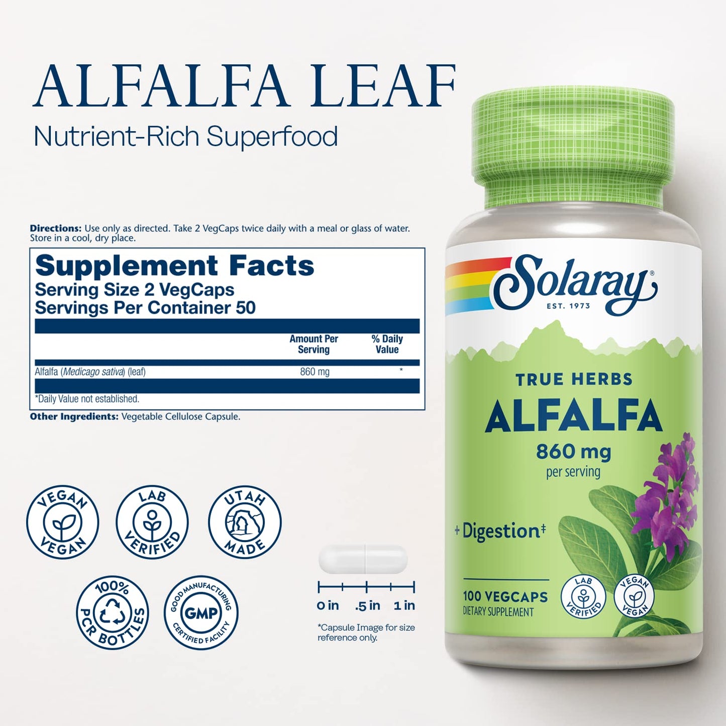 SOLARAY Alfalfa Leaf 860 mg – Vegan Alfalfa Capsules for Nutritive Support, 50 Servings