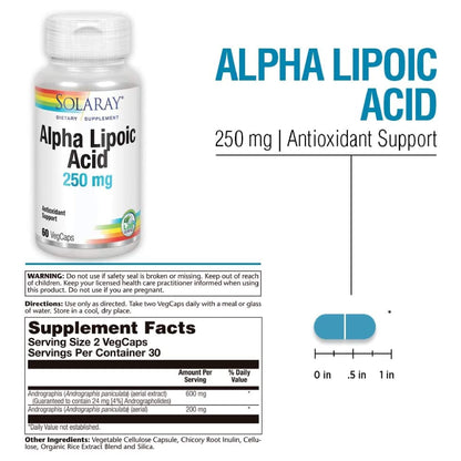 SOLARAY Alpha Lipoic Acid 250 mg - 60 VegCaps | Antioxidant & Energy Support