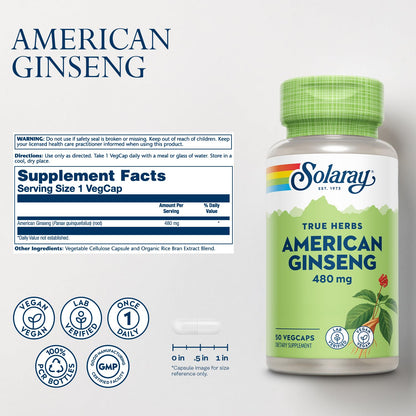 SOLARAY American Ginseng 480 mg | Adaptogenic Herb for Stress, Energy & Endurance | 50 VegCaps