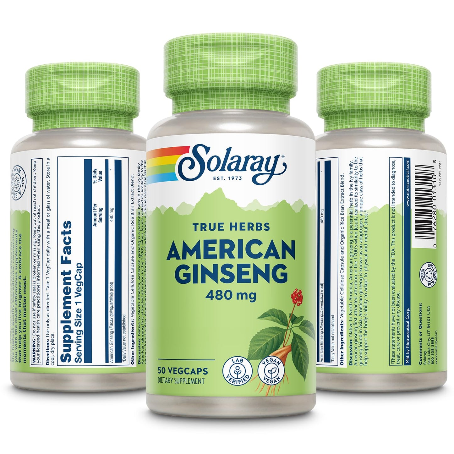 SOLARAY American Ginseng 480 mg | Adaptogenic Herb for Stress, Energy & Endurance | 50 VegCaps