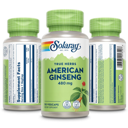 SOLARAY American Ginseng 480 mg | Adaptogenic Herb for Stress, Energy & Endurance | 50 VegCaps
