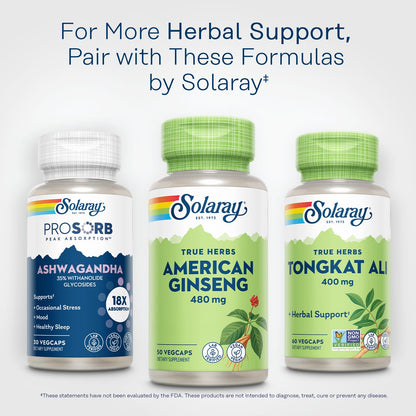 SOLARAY American Ginseng 480 mg | Adaptogenic Herb for Stress, Energy & Endurance | 50 VegCaps