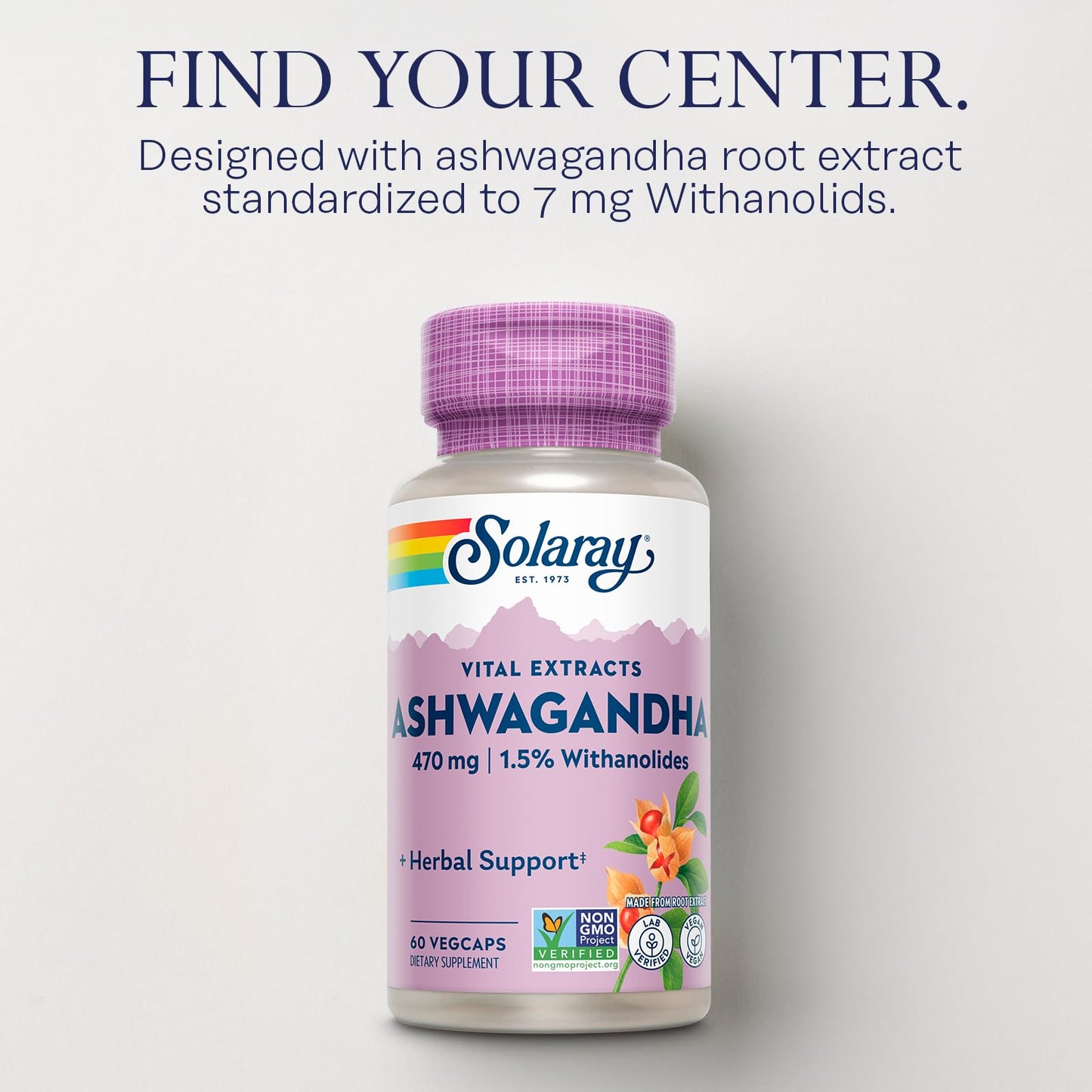 SOLARAY Vital Extracts Ashwagandha 470mg – Powerful Adaptogen, 60 VegCaps, 7mg Withanolides, Vegan & Non-GMO