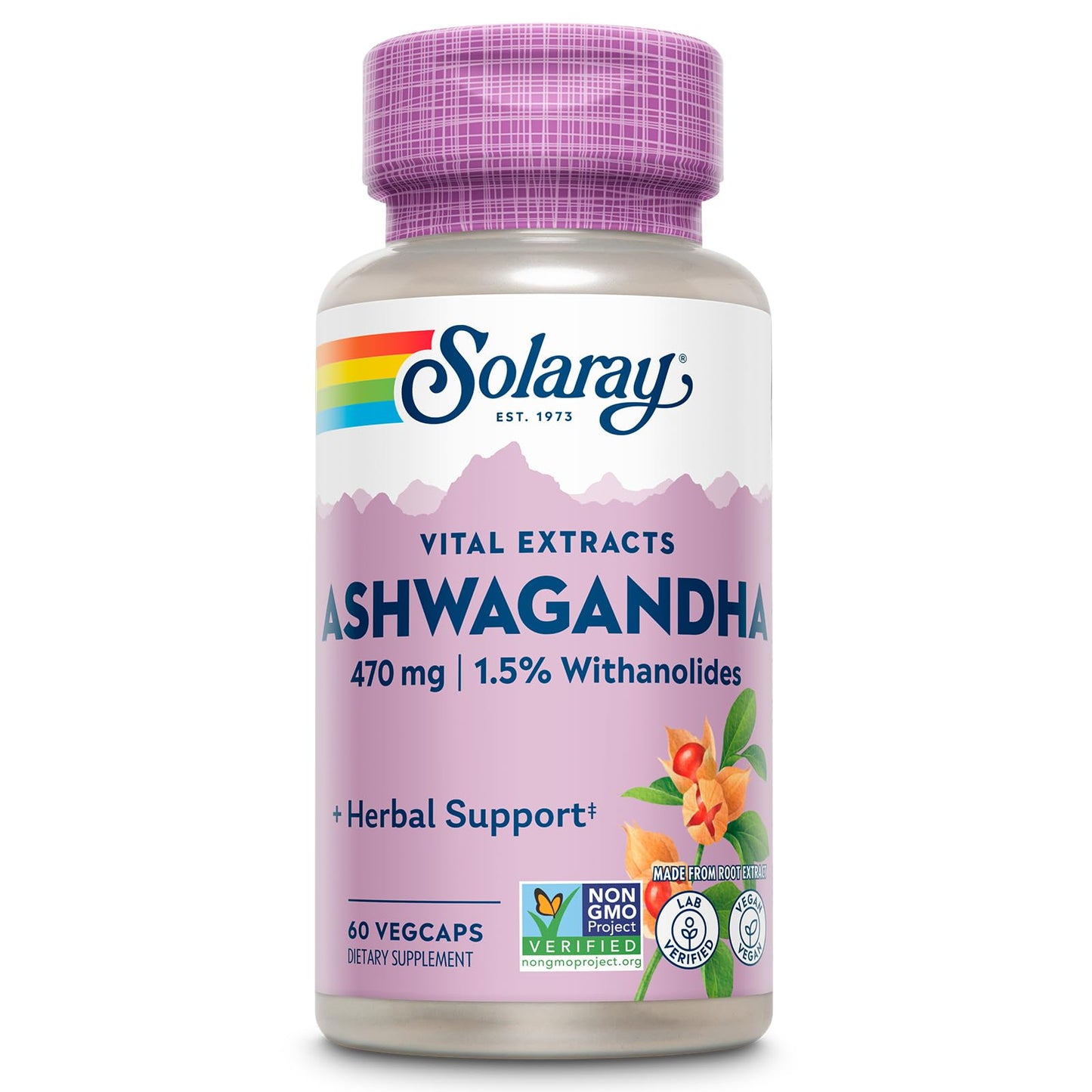 SOLARAY Vital Extracts Ashwagandha 470mg – Powerful Adaptogen, 60 VegCaps, 7mg Withanolides, Vegan & Non-GMO