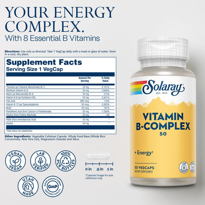 SOLARAY Vitamin B Complex 50 mg - Energy & Nerve Support | Vegan 50 VegCaps