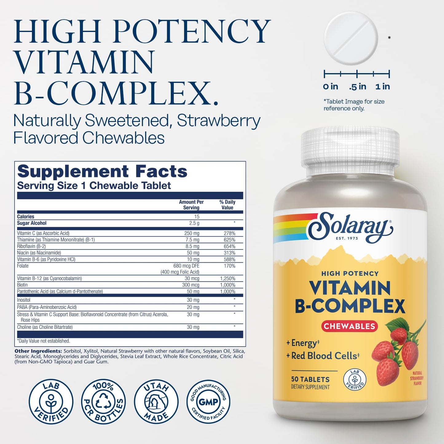 Solaray Vitamin B-Complex Chewables - Strawberry | Energy, Red Blood Cell Support & Metabolism - 50 Tablets