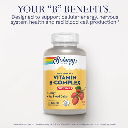 Solaray Vitamin B-Complex Chewables - Strawberry | Energy, Red Blood Cell Support & Metabolism - 50 Tablets